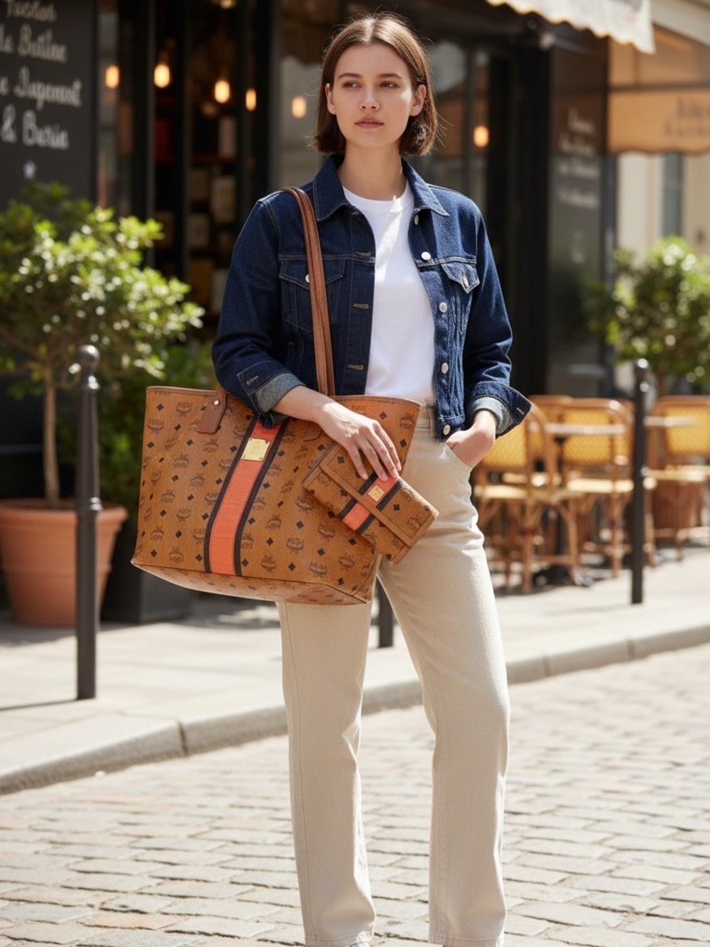 MCM Cognac Visetos Tote with Orange Center Stripe with matching wallet GUC